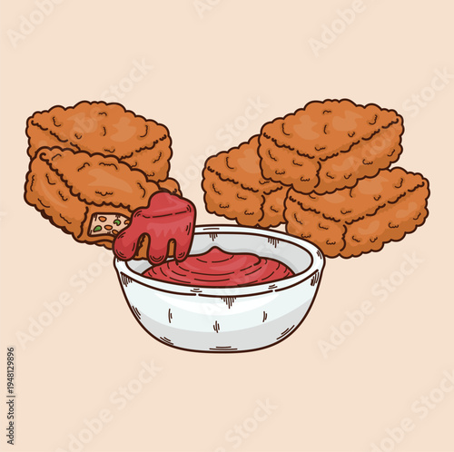 nuggets, corned beef with hot chili sauce, fast food fried food, processed meat, street food