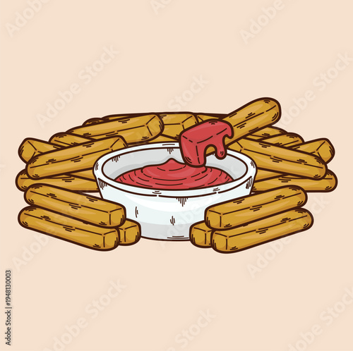 French fries with chili sauce, food illustration, fast food, junk food, salty, spicy, fried food, hot chili sauce
