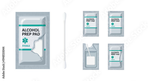 Vector illustration set of medical alcohol prep pads in sealed and open foil packaging.