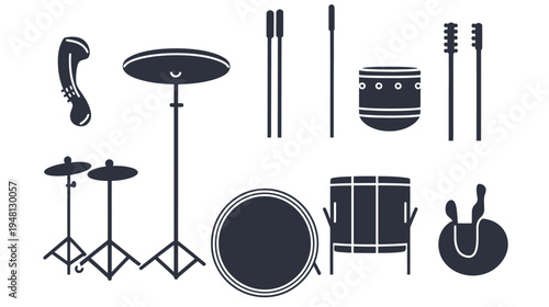A collection of stylized black and white musical instruments, including drums and cymbals