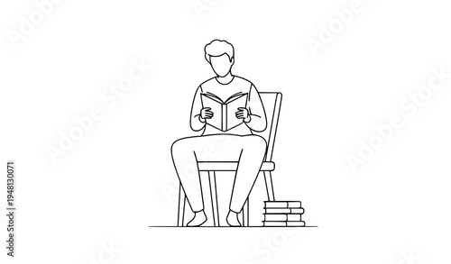 Minimal line art man reading book hobby learning and education concept simple black outline vector