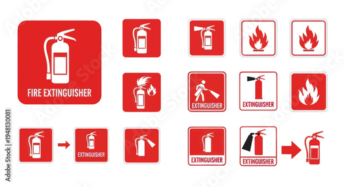 Collection of Fire Safety and Emergency Signage Icons in Red and White.