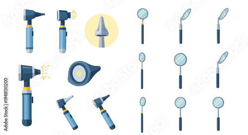 Medical Otoscopes and Dental Mirrors Collection for Ear and Oral Examination.