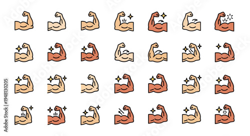 Collection of Cartoon Arm Icons Displaying Muscular Strength and Power.