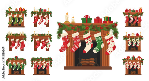 Festive Christmas Fireplace Decorated with Stockings and Gifts.