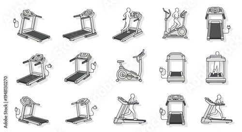 A collection of hand-drawn sketch illustrations of various gym fitness equipment including treadmills and exercise bikes.