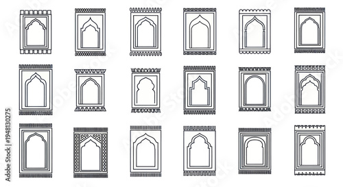 Collection of Islamic Prayer Rug Designs and Traditional Muslim Prayer Mat Illustrations.