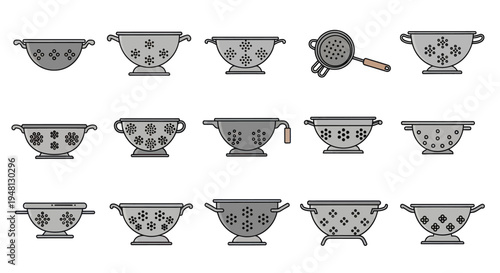 A collection of various grayscale colander and strainer kitchen utensil illustrations.