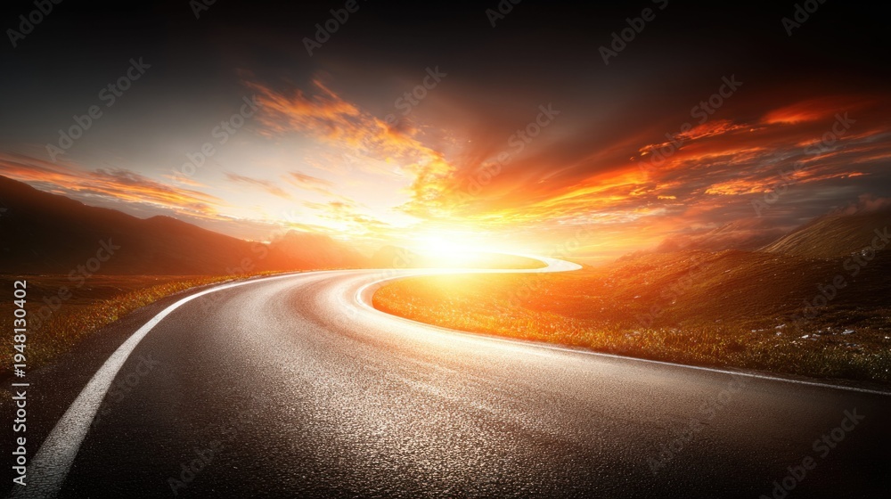 Obraz premium Winding asphalt road leading towards a bright, fiery sunset over rolling hills