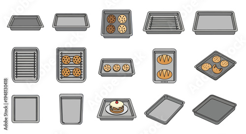 Assortment of Metal Baking Pans and Trays with Baked Goods.