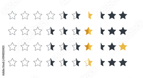 A collection of star rating icons in outline solid half and gold styles for customer reviews.