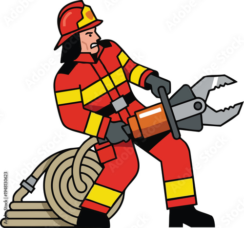 Firefighter Using Hydraulic Cutters Rescue Tool Illustration