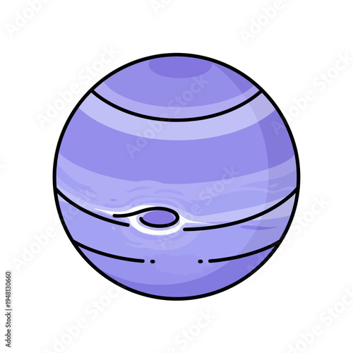 Illustration of a blue planet with atmospheric bands and a prominent dark spot.