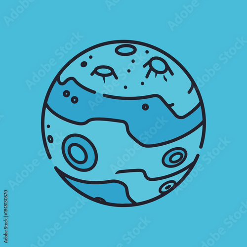 A stylized illustration of a celestial body, possibly a planet or moon, with craters and surface details.