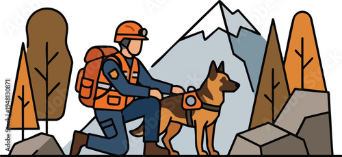Mountain Search and Rescue Worker with Trained K9 Dog in Mountains
