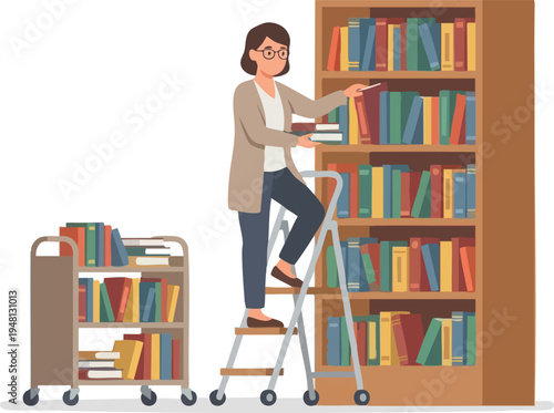 Female librarian organizing books on a high shelf in a library