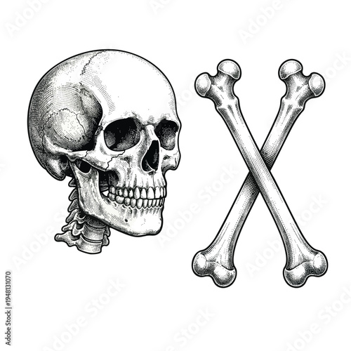 intage Engraving Set of Human Skull with Vertebrae and Crossed Bones