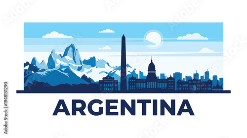 Argentina travel and tourism logo with cityscape and mountains