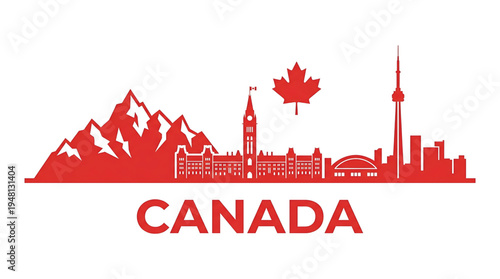 Vibrant red silhouette of Canadian city skyline and mountains with maple leaf, symbolizing Canada