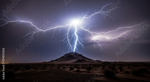 Lightning strikes a desolate mountain peak during a powerful storm.