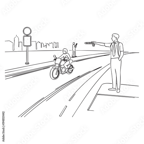 Man in suit directing traffic while motorcyclist rides past on a city street