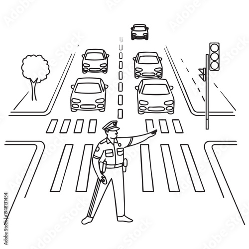 Police officer directing traffic at a busy intersection with cars and traffic lights 1