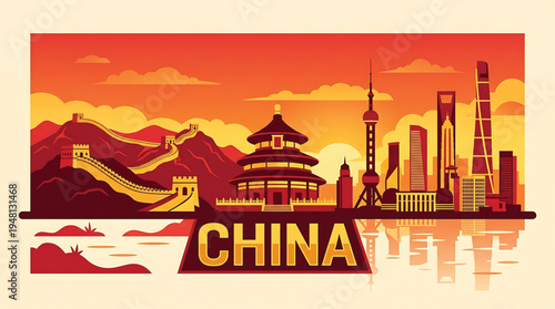Vibrant illustration of China's iconic landmarks at sunset, including the Great Wall and modern cityscape.