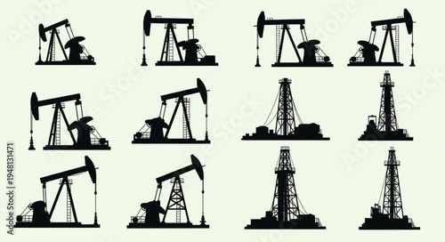 Silhouettes of Oil Pumps and Drilling Rigs - Energy Industry Icons.