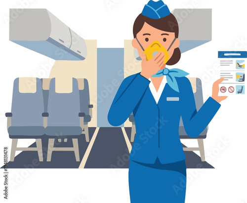 Flight attendant demonstrating oxygen mask and safety instructions