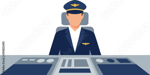 Airplane Pilot Sitting in Cockpit Vector Illustration