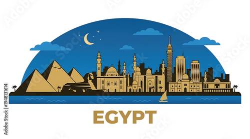 Vibrant illustration of Egypt cityscape with pyramids, mosques, and modern buildings under a moonlit sky