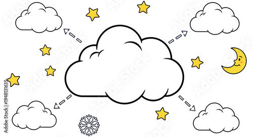 Conceptual vector art illustration depicting a cloud network with interconnected elements, stars, and a crescent moon, symbolizing data transfer and digital connectivity