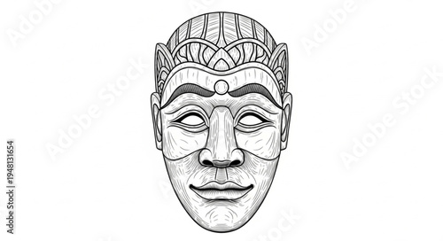 Detailed Line Art of a Traditional Asian Mask with Intricate Details.