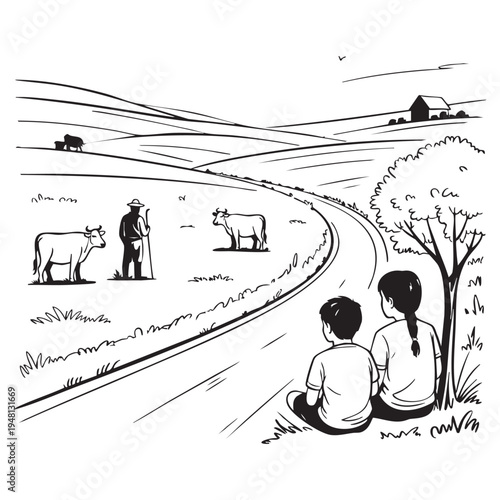 Two children sitting on a hillside observing a man and cows in a rural landscape