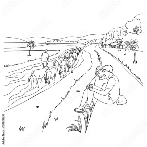 Two people sitting on a hillside watching a man herding sheep in a rural landscape countryside 1