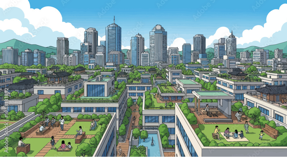 Naklejka premium Vibrant cityscape with modern buildings, green rooftops, and traditional architecture.