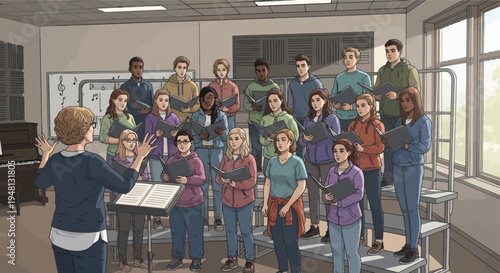 Diverse High School Choir Practice in Classroom with Conductor