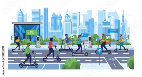Urban E-Scooter Sharing: People Riding Electric Scooters in a Modern City
