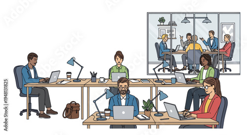 Diverse team working in modern open-plan office and meeting room