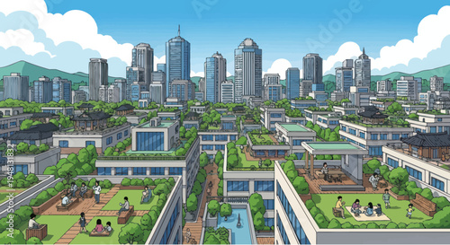 Vibrant cityscape with modern buildings, green rooftops, and traditional architecture.