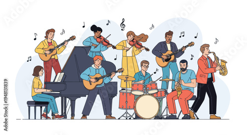 Diverse Music Ensemble Performing Live with Instruments and Grand Piano