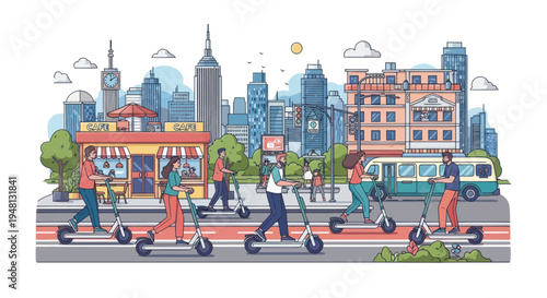 Urban electric scooter riders in a busy city street scene illustration