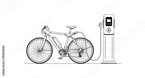 Electric Bicycle Charging at a Public Charging Station Illustration.