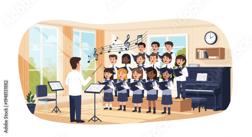 Children's choir singing in a classroom with a teacher conducting, sheet music visible.