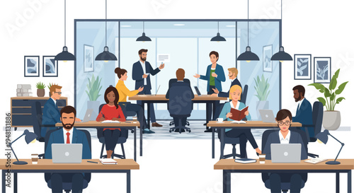 Diverse business team collaborating in modern office meeting and workspace