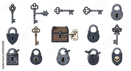 Vintage Keys Antique Padlocks Treasure Chest and Ghost Illustration Set.