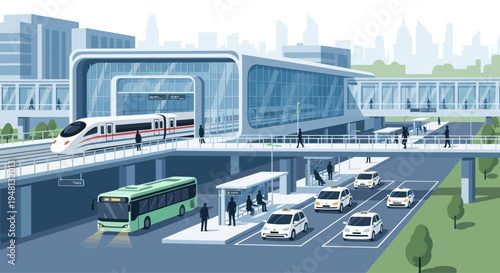Modern transportation hub with high-speed train, bus, taxi, and futuristic architecture.