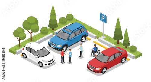 Isometric illustration of a parking lot with cars people and accessibility