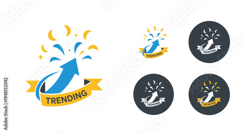 Trending Arrow Icon with Confetti Burst and Ribbon Banner.