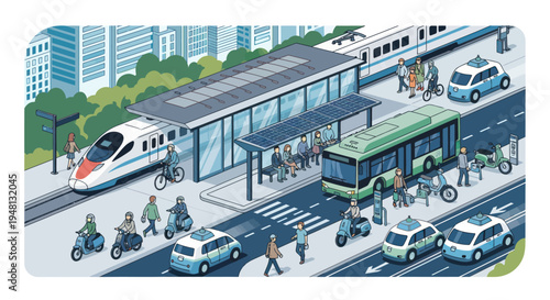 Smart City Transportation Hub: Future Mobility with Electric Vehicles and Public Transit